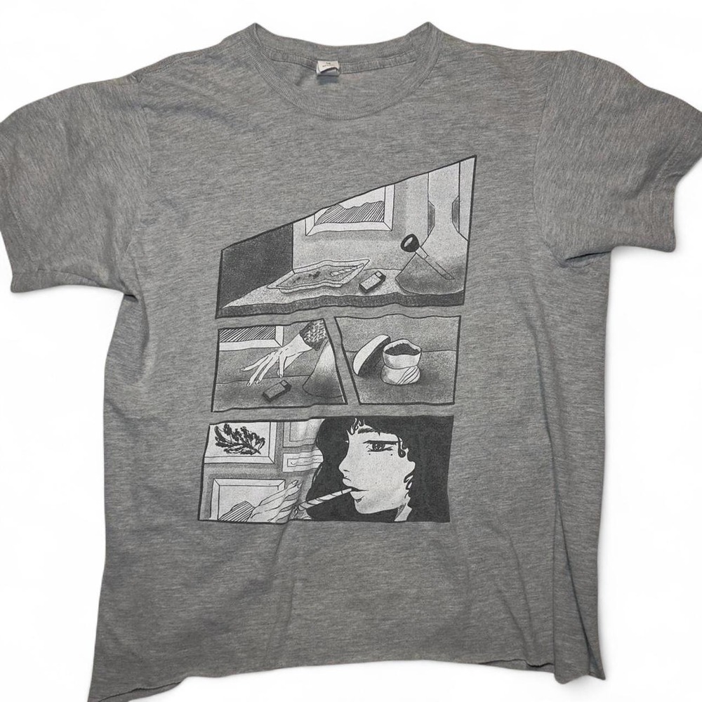 Indie Art Comic Panel Graphic Raw Hem Cropped Baby Tee Heather Gray M Tultex